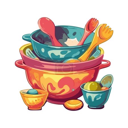 Téléchargez les illustrations : Cuisine avec vaisselle colorée et ustensiles sur blanc - en licence libre de droit