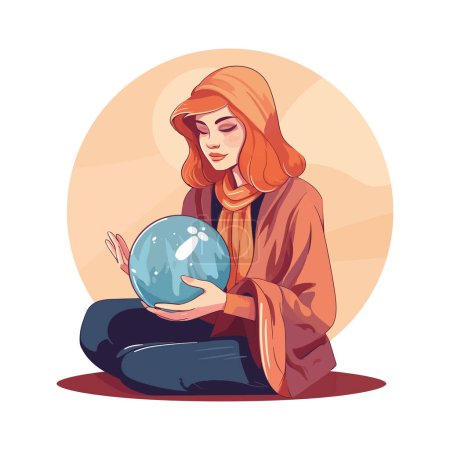 Ilustración de Mujer con una bola de cristal sobre blanco - Imagen libre de derechos