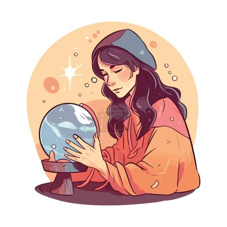 Ilustración de Mujer sentada con una bola de cristal sobre blanco - Imagen libre de derechos