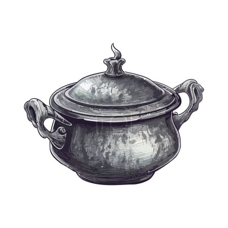 Illustration for Antique teapot boils soup over white - Royalty Free Image