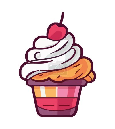 Téléchargez les illustrations : Cupcake dessin animé mignon apporter la joie et le bonheur icône isolé - en licence libre de droit