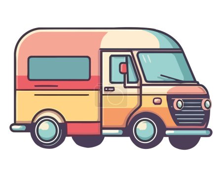 Téléchargez les illustrations : Mini van jaune conduite sur icône aventure été isolé - en licence libre de droit