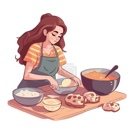 Téléchargez les illustrations : Femme cuisine dans la cuisine domestique avec icône de farine isolé - en licence libre de droit