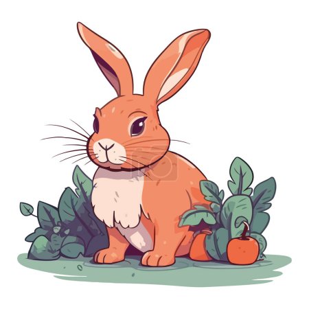Illustration for Cute baby rabbit sitting in grass, cheerful celebration icon isolated - Royalty Free Image