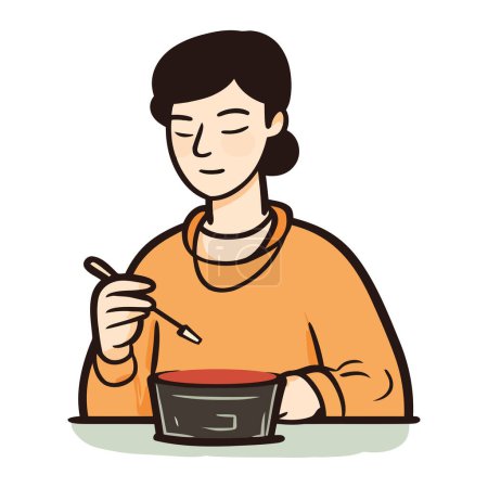 Téléchargez les illustrations : Une femme joyeuse assis à la table manger icône isolé - en licence libre de droit