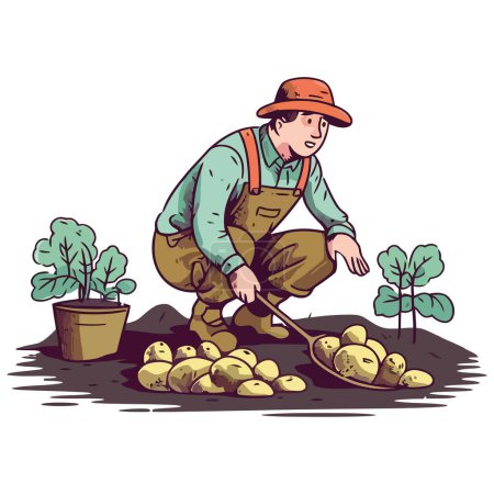 Téléchargez les illustrations : Fermier travaillant à l'extérieur, récoltant des légumes frais, isolé - en licence libre de droit
