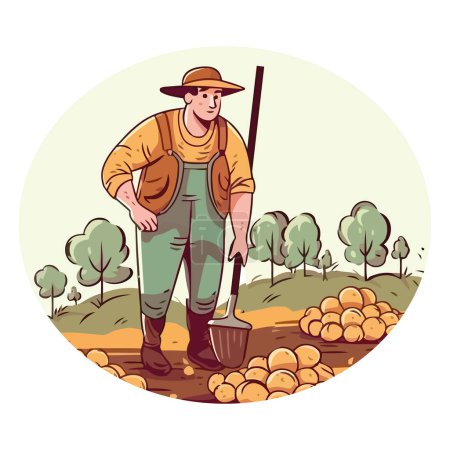 Téléchargez les illustrations : Agriculteur creuser pelouse, plantation de légumes icône plate isolé - en licence libre de droit