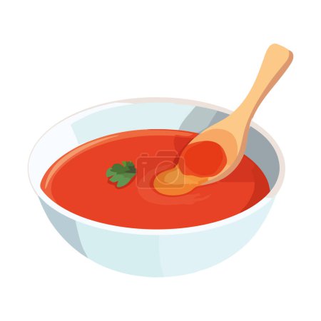 Téléchargez les illustrations : Soupe fraîche avec icône de tomate et persil bio isolée - en licence libre de droit