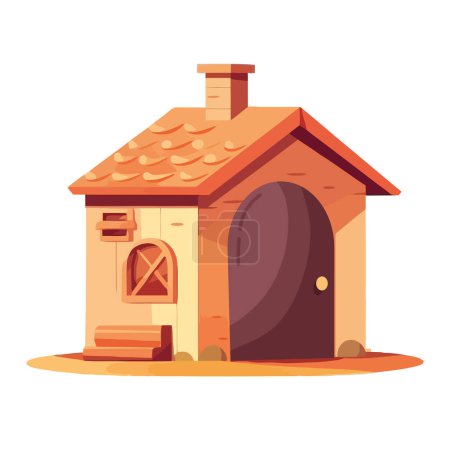 Téléchargez les illustrations : Mignon chien dans une cabane en bois avec icône de cheminée isolé - en licence libre de droit