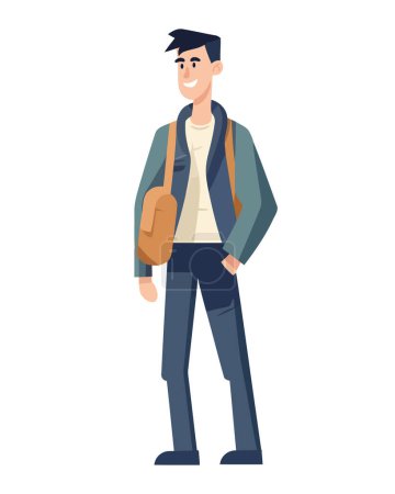 Téléchargez les illustrations : Homme souriant tenant un sac, marchant en jeans icône isolé - en licence libre de droit