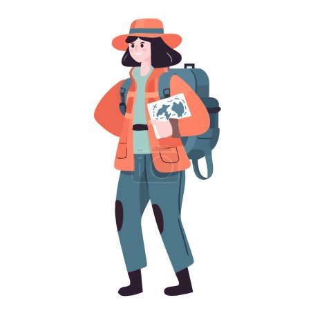 Téléchargez les illustrations : Backpacker explorer la nature avec des équipements et icône de carte isolé - en licence libre de droit