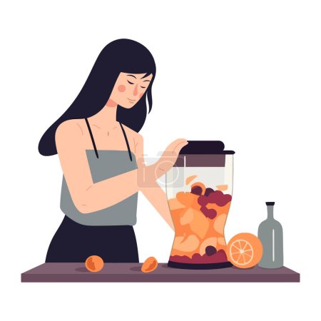Illustration for Woman preparing fruits mix in a blender icon isolated - Royalty Free Image