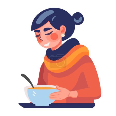 Illustration for Young adult girl holding bowl, eating lunch icon isolated - Royalty Free Image