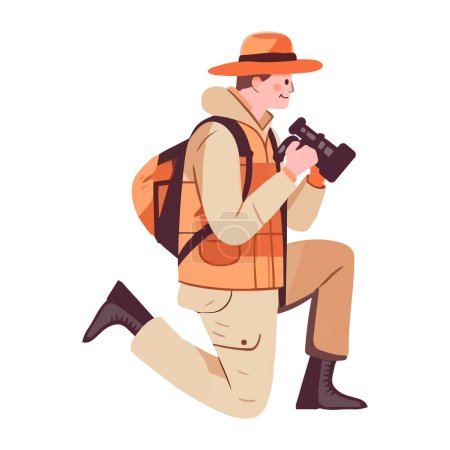 Illustration for Explorer with backpack and camera captures nature icon isolated - Royalty Free Image