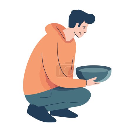 Illustration for Cheerful man holding bowl, icon isolated - Royalty Free Image