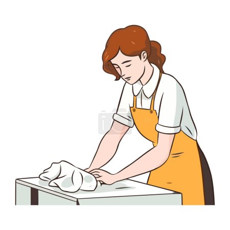 Téléchargez les illustrations : Une personne nettoyage cuisine, tenant icône serviette isolé - en licence libre de droit