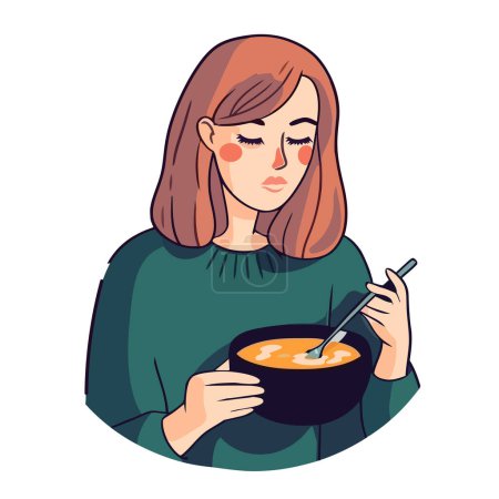 Téléchargez les illustrations : Jeune adulte tenant bol de soupe gastronomique icône isolé - en licence libre de droit