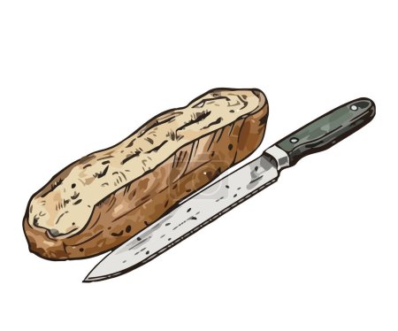 Téléchargez les illustrations : Pain fraîchement cuit tranché et icône de couteau isolé - en licence libre de droit