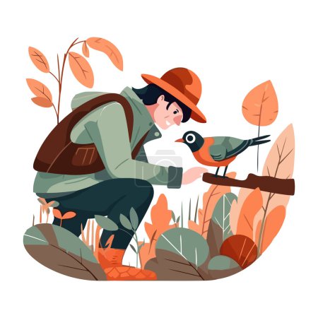 Ilustración de Hombre observando pájaro en la naturaleza, aislado - Imagen libre de derechos