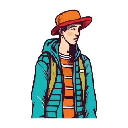 Illustration for Explorer with backpack and fashionable clothing icon isolated - Royalty Free Image