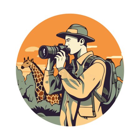 Téléchargez les illustrations : Explorer avec sac à dos et caméra dans la nature icône isolé - en licence libre de droit
