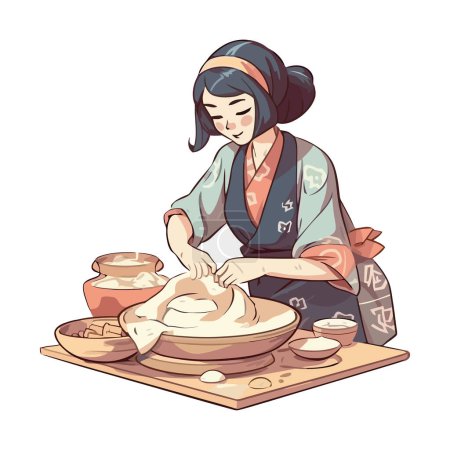 Téléchargez les illustrations : Femme souriante travaillant dans l'icône de la cuisine isolé - en licence libre de droit