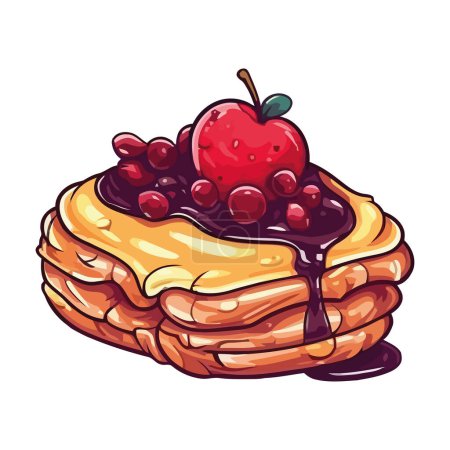 Téléchargez les illustrations : Pancake aux baies sucrées avec icône de fruits frais et crème isolée - en licence libre de droit