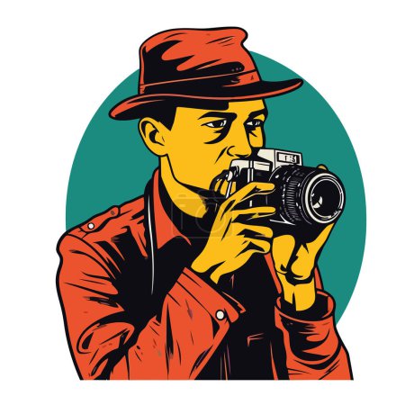 Illustration for Photographer holding old fashioned camera icon isolated - Royalty Free Image