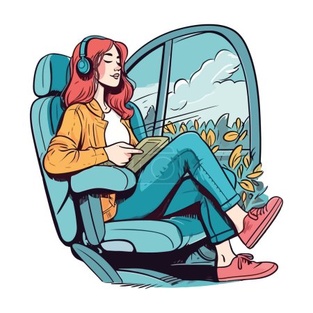 Illustration for One woman smiling, listening to wireless headphones isolated - Royalty Free Image
