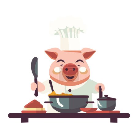 Téléchargez les illustrations : Cute pig chef griller du porc biologique pour l'icône du déjeuner isolé - en licence libre de droit