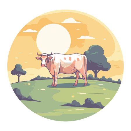 Téléchargez les illustrations : Scène rurale bovins sur prairie verte sous le coucher du soleil isolé - en licence libre de droit