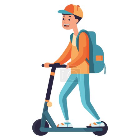 Ilustración de Niño montando empuje scooter con mochila sobre blanco - Imagen libre de derechos