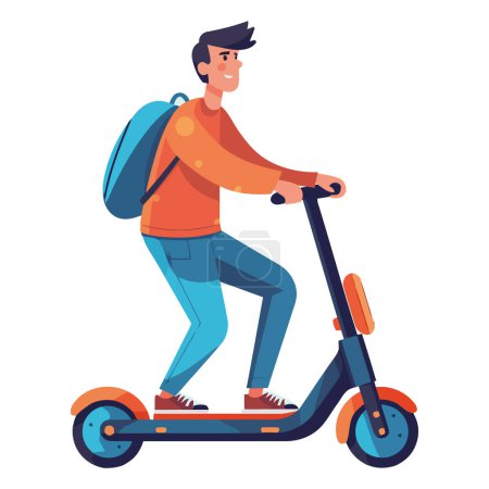 Ilustración de Boy montar scooters push con velocidad y alegría sobre blanco - Imagen libre de derechos