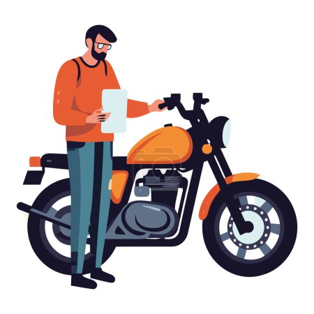 Illustration for Man biker with a motorcycle and paper over white - Royalty Free Image