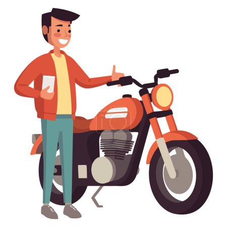 Ilustración de Una persona montando una motocicleta con una sonrisa sobre blanco - Imagen libre de derechos