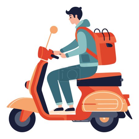 Téléchargez les illustrations : Garçon équitation scooter illustration sur blanc - en licence libre de droit