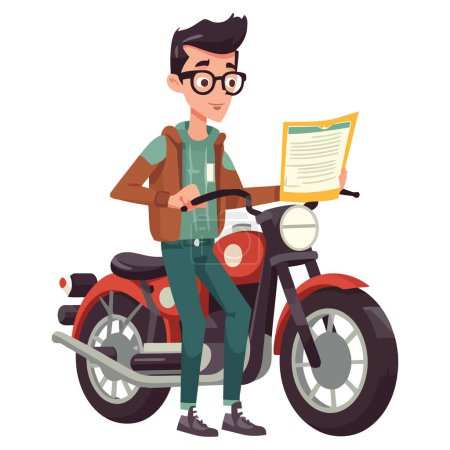 Ilustración de Motorista con una motocicleta y papel sobre blanco - Imagen libre de derechos