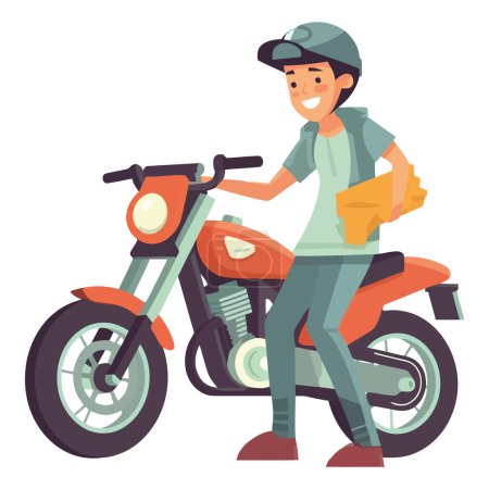 Téléchargez les illustrations : Sourire garçon esprit une moto sur blanc - en licence libre de droit