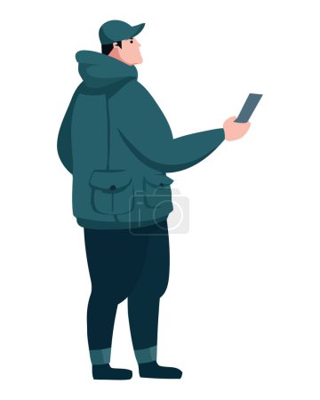Téléchargez les illustrations : Un homme d'affaires tenant un téléphone intelligent sur blanc - en licence libre de droit