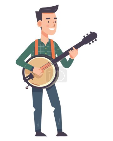 Téléchargez les illustrations : Musicien souriant jouant du banjo acoustique sur du blanc - en licence libre de droit