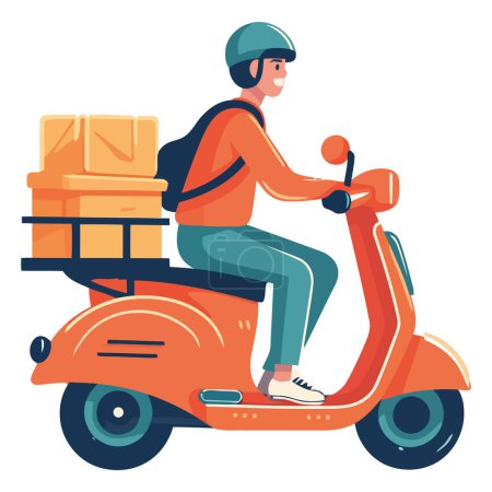 Ilustración de Una persona montando un ciclomotor anticuado sobre blanco - Imagen libre de derechos