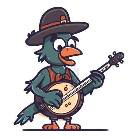 Illustration for Cute bird guitarist playing acoustic guitar over white - Royalty Free Image