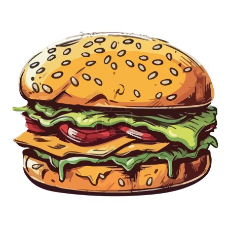 Ilustración de Hamburguesa a la parrilla con queso sobre pan de sésamo blanco - Imagen libre de derechos