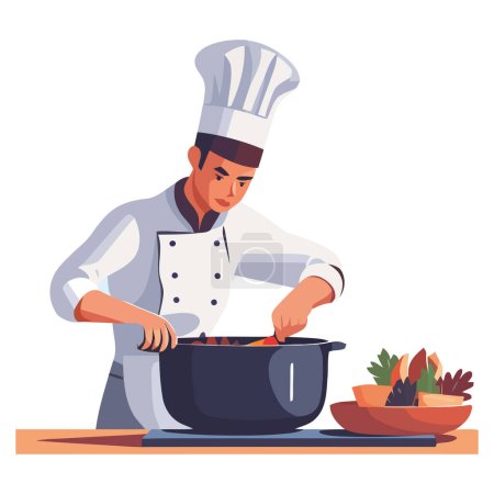 Téléchargez les illustrations : Chef préparant un repas gastronomique sur blanc - en licence libre de droit