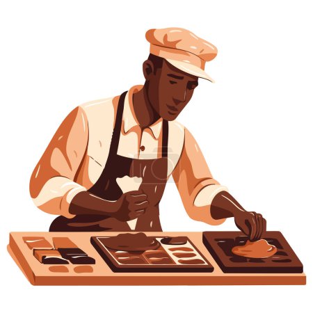 Téléchargez les illustrations : Homme prépare des desserts au chocolat sur blanc - en licence libre de droit