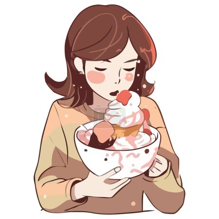 Ilustración de Chica comiendo tazón de helado sobre blanco - Imagen libre de derechos