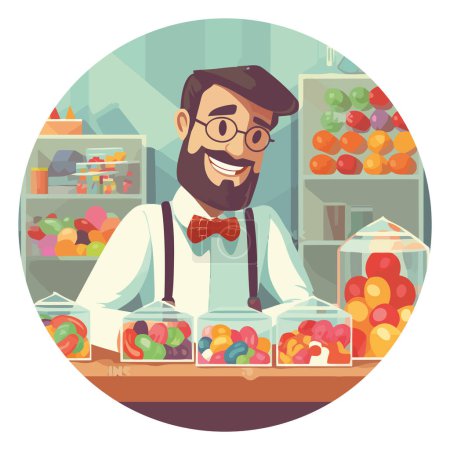 Illustration for Man in candy shop over white - Royalty Free Image
