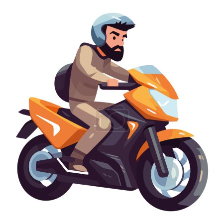 Illustration for Bearded biker racing motorcycle over white - Royalty Free Image