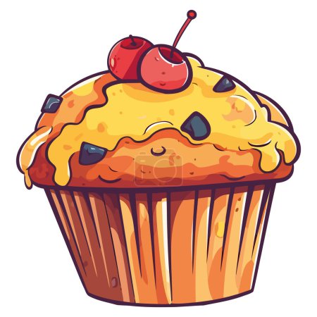 Ilustración de Cupcake con glaseado de chocolate y cereza sobre blanco - Imagen libre de derechos