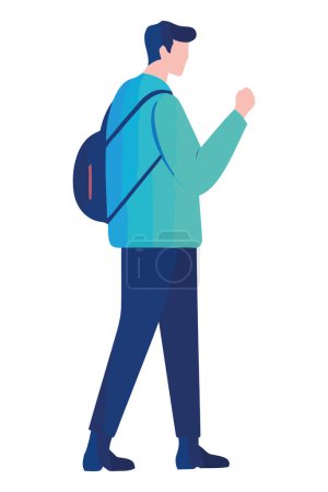 Téléchargez les illustrations : Une personne marche avec un sac à dos bleu sur blanc - en licence libre de droit
